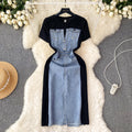 new trendy round neck short sleeve patchwork denim dress - women's high-end slim fit faux two-piece maxi dress