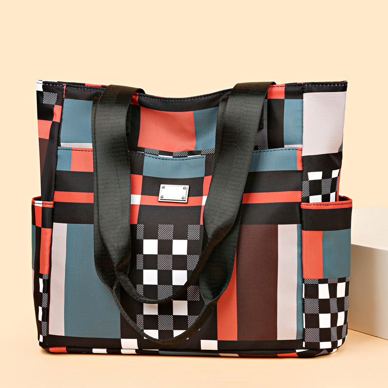 2026 new women's bag large capacity shoulder bag fashionable tote bag color block oxford cloth tote bag mom bag