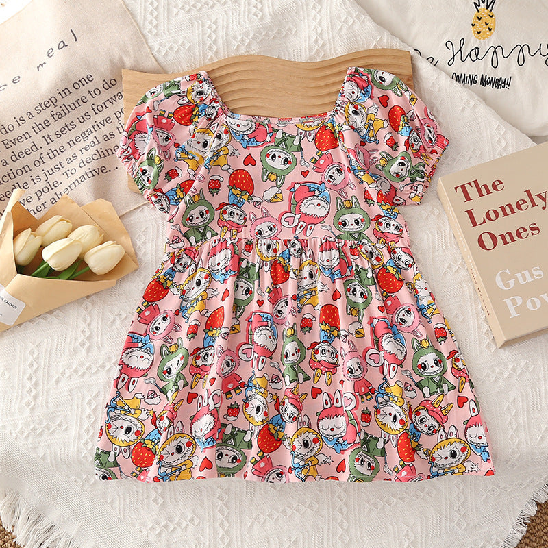 New summer girls' dress - baby cotton silk princess dress - cool & breathable floral dress with puff sleeves