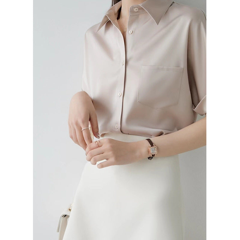 summer new arrival: casual satin short-sleeve blouse - korean style, professional white collar, commute & interview shirt - in stock