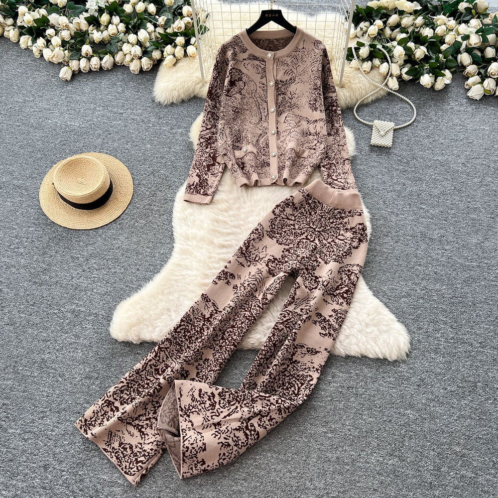 Fashionfashionableprintingsuit women's autumclassy round neck long sleevesknittingcardiganoutwearhigh waistloose pants