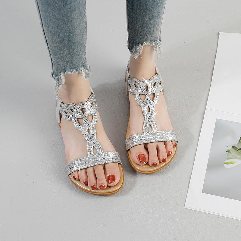 2025 summer new arrivals: plus size rhinestone flat sandals - european & american style chunky platform thong beach sandals