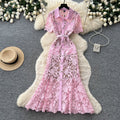 Frenchaccessible luxury heavy industry lacecut out silk dress women's summer k-style lapel waist slimming lookwork clothingelegance long skirt