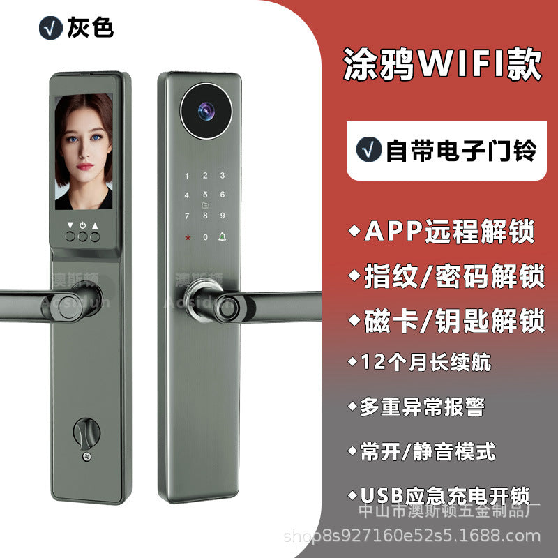 Smart lock fingerprint anti-theft door lock digital password lock cat eye capture fingerprint lock entrance door graffiti remote unlocking