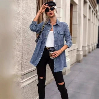 Amazon cross-border fashionexport women's clothing new arrival spring and summer shirt button denim long sleeves lapel denim outwear