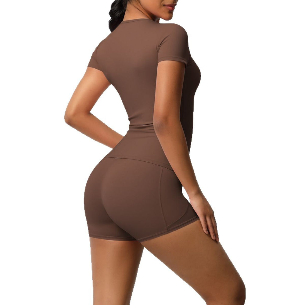 New arrival cross-border fashionpure color double-sided nylon brushed short-sleeved yoga suit sports running fitness two-piece set