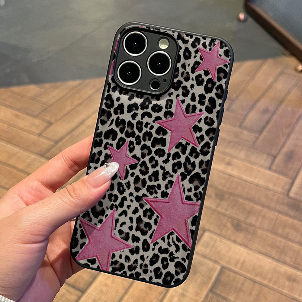 Leopard print pink star phone case for iphone 17 pro max, apple 15 full coverage shockproof soft case, women's style wholesale