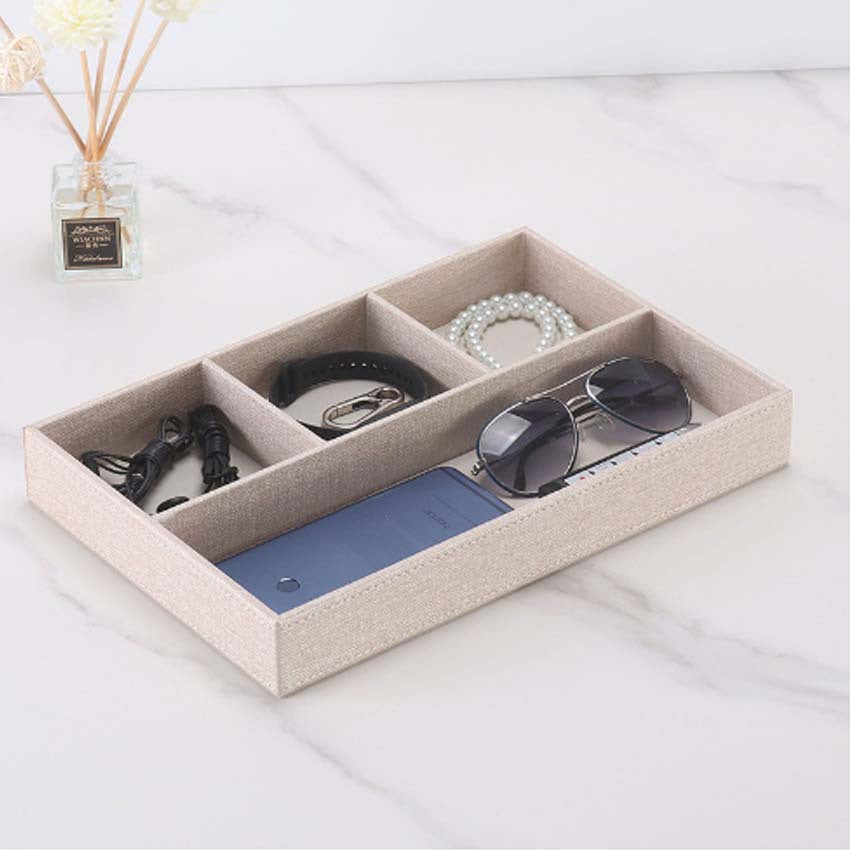 Desktop multi-purpose leather stationery storage tray PU material four-grid storage box pencil case with grid tray