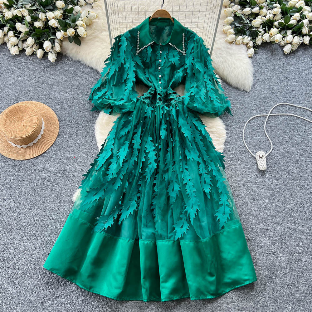 French retro court style dress - women's  autumn collection: beaded peter pan collar, lantern sleeves, 3d floral appliqué, mesh maxi dress