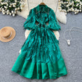 French retro court style dress - women's  autumn collection: beaded peter pan collar, lantern sleeves, 3d floral appliqué, mesh maxi dress