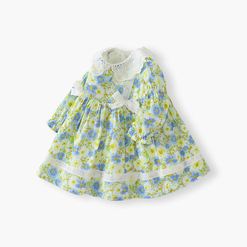 Girls' dress - new spring/autumn  collection - country style floral print, bow accent, lace collar princess dress