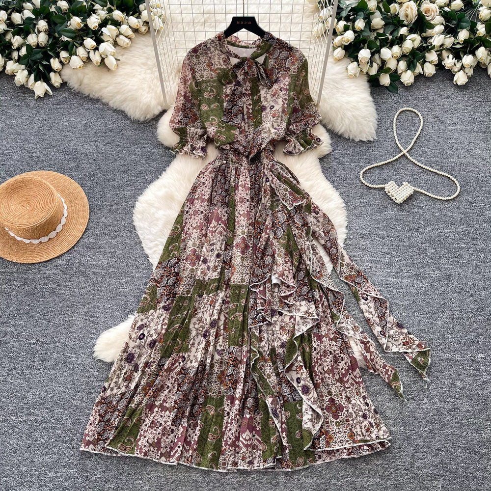 Vintage print short-sleeve dress women's long-sleeve a-line dress summer slimming waist elegant long dress