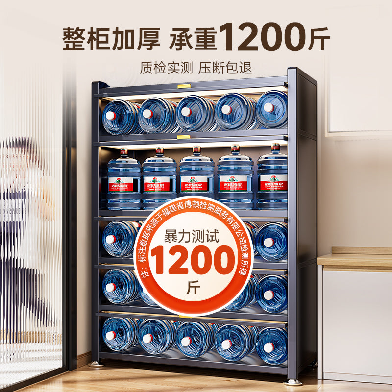 Multifunctional kitchen storage rack with cabinet doors, floor-standing, multi-tier, dustproof storage cabinet for microwave, pots, pans, and bowls