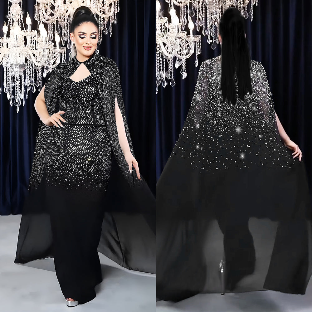 C7292 cross-border   fashion women's sexy rhinestone bodycon sheer cape dress