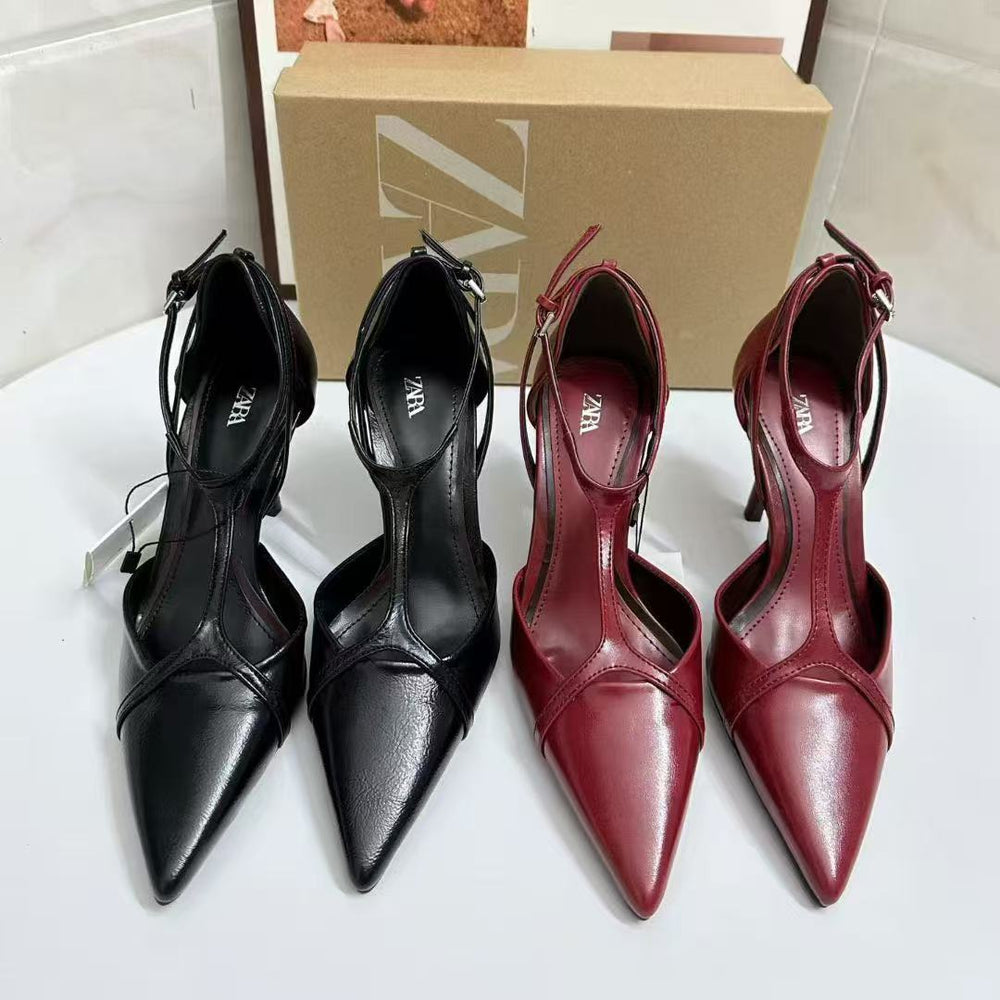 Za2025autum new women's shoes red patent leather effect suspenders pointed toe ultra high heel leather shoes sexyflats
