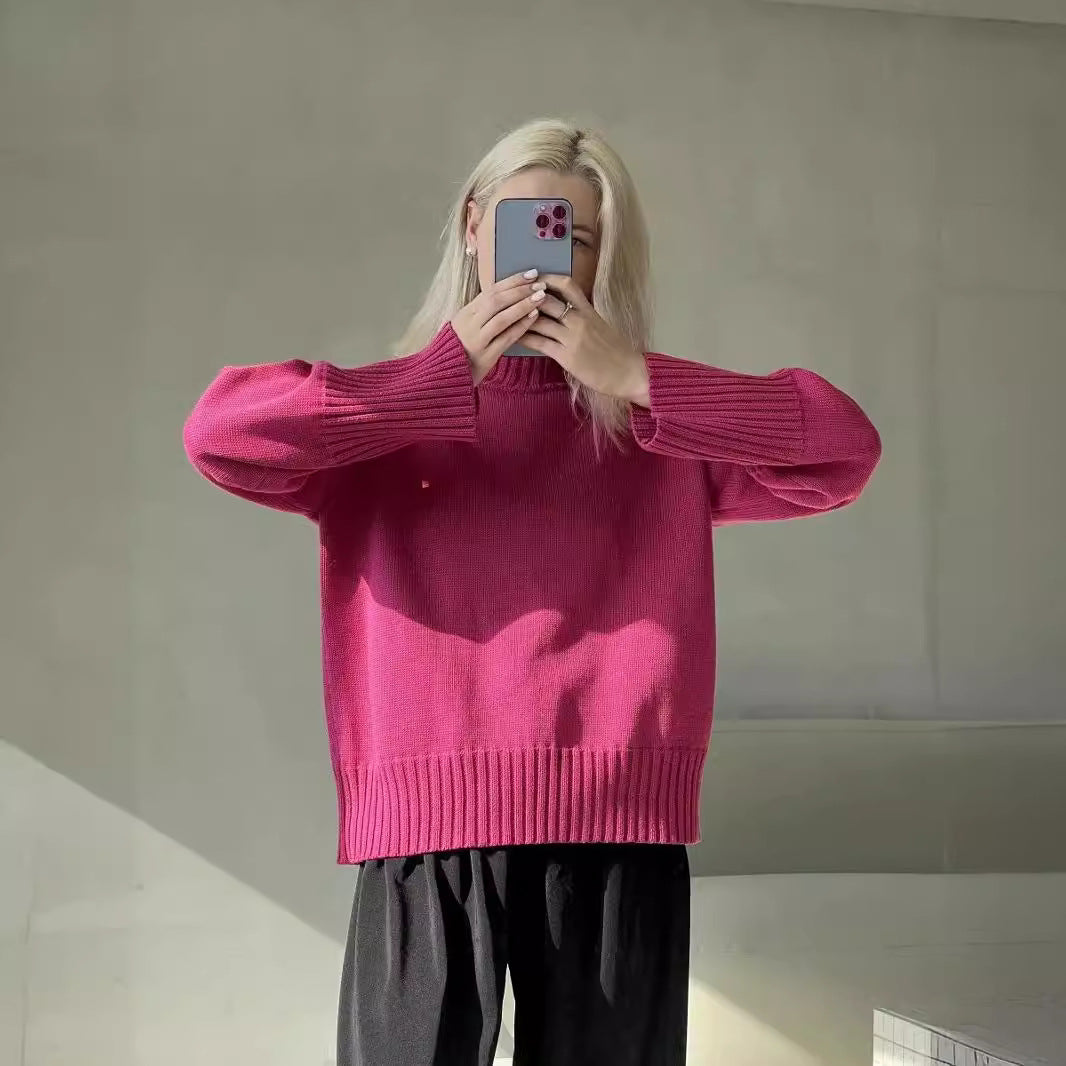 European and American   women's clothing loose women's long-sleeved round neck casual pullover knitted sweater fashionable solid color sweater women