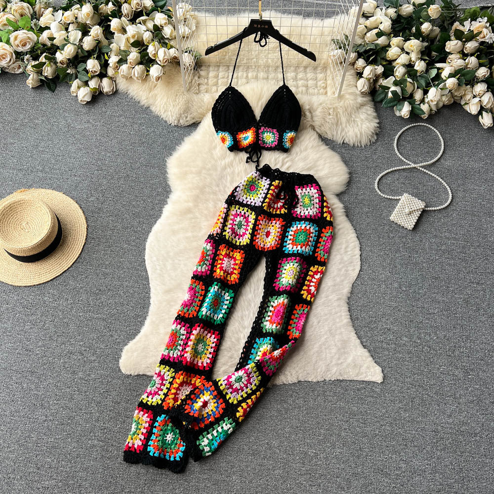 Knitted set women's summer outfit  new heavy crochet camisole top versatile wide-leg pants retro two-piece set