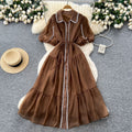 French gentle style elegant lapel lantern sleeves tie back waist single-breasted dress female super fairy slimming look long skirt