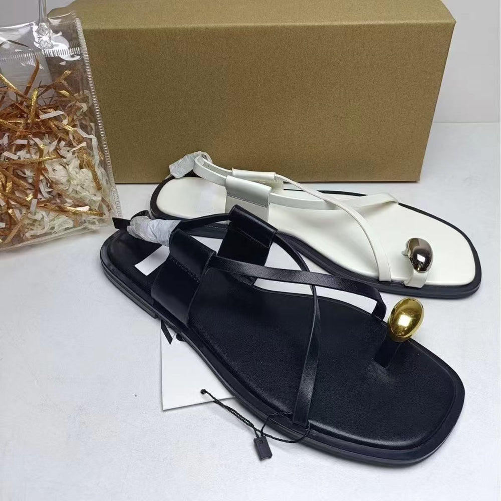 Za2025 women's summer new brown square-toe crossover casual flat sandals with gold buckle