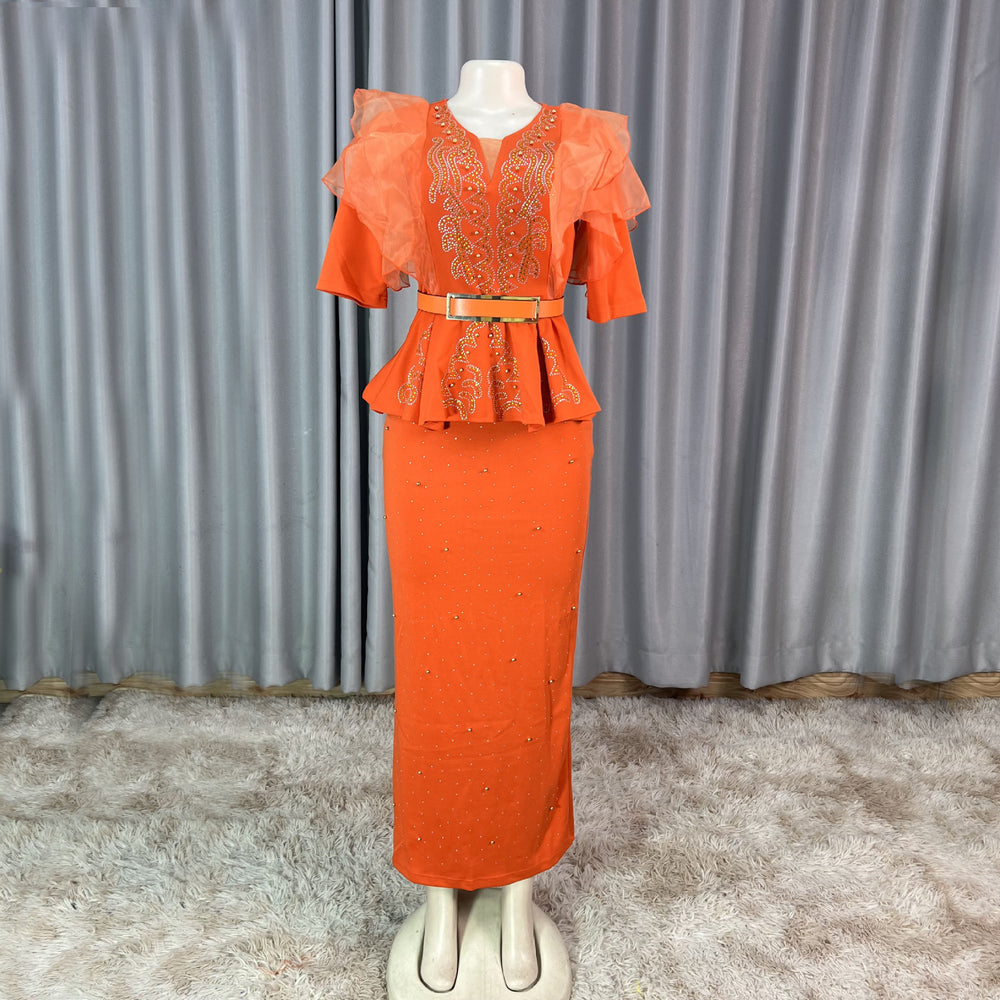 supply african women's silmv neck organza lotus leaf hot diamond beaded elegance long dress small dress