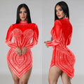 C6371 cross-border   fashion women's solid color mesh rhinestone long sleeve mini dress