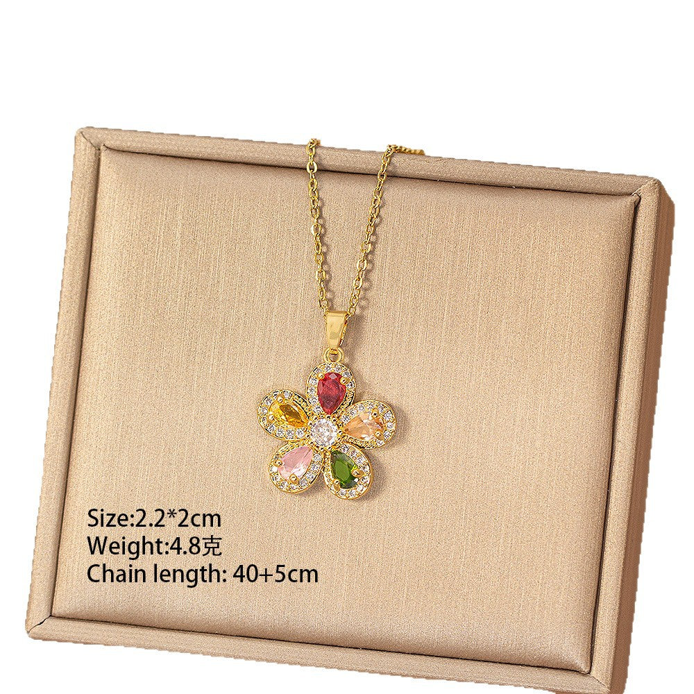 [titanium steel] fashion full diamond copper inlaid zirconium five-petal flower necklace for women, non-fading niche classy simple clavicle chain