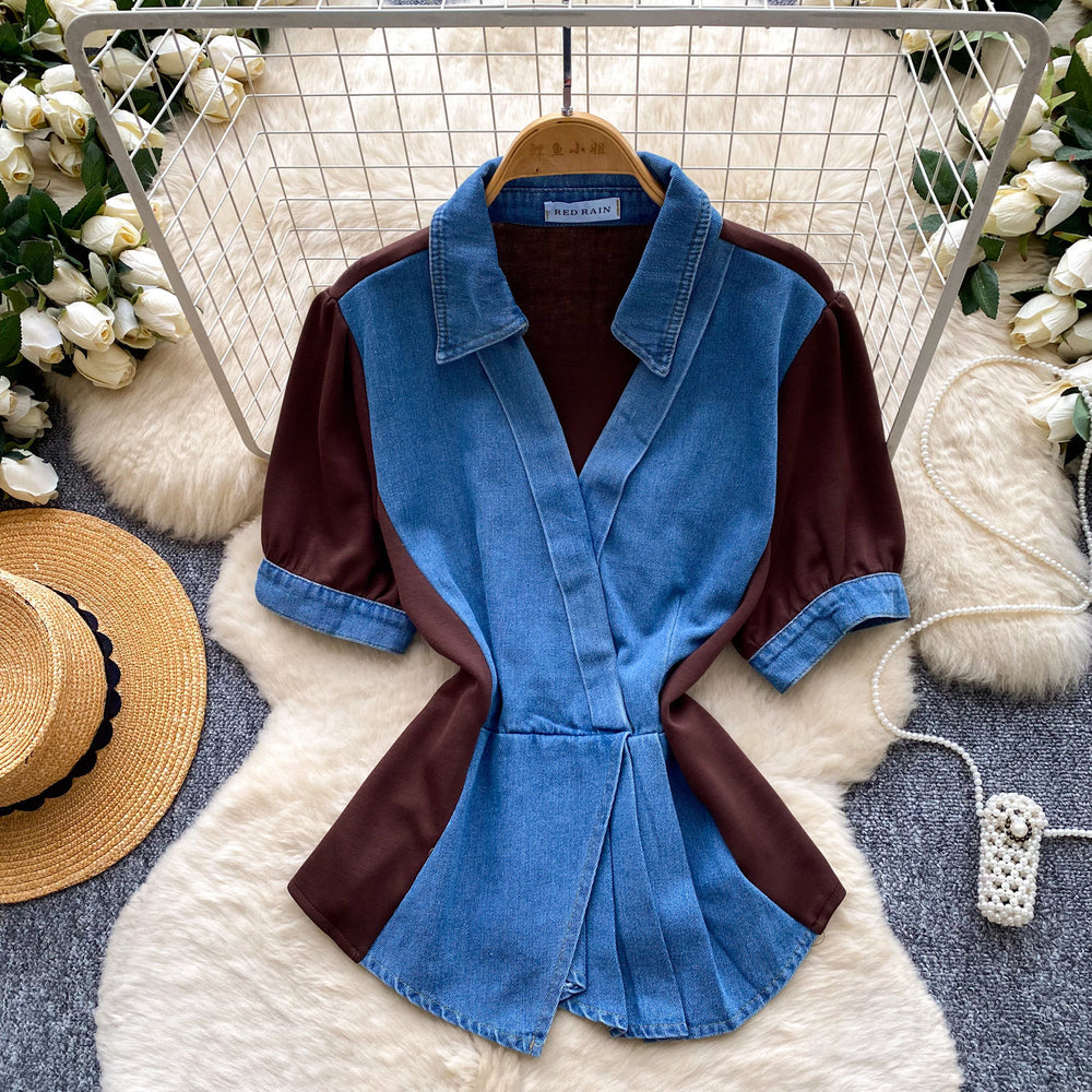 Lazy feeling work clothing style patchwork denim shirt for women summerk-style short-sleeved waist-cinching light mature niche stylesense of designtops