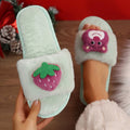 Women's fuzzy slippers - new autumn/winter collection - strawberry bear design, flat, warm, and cute cartoon cotton slides for indoor and outdoor wear
