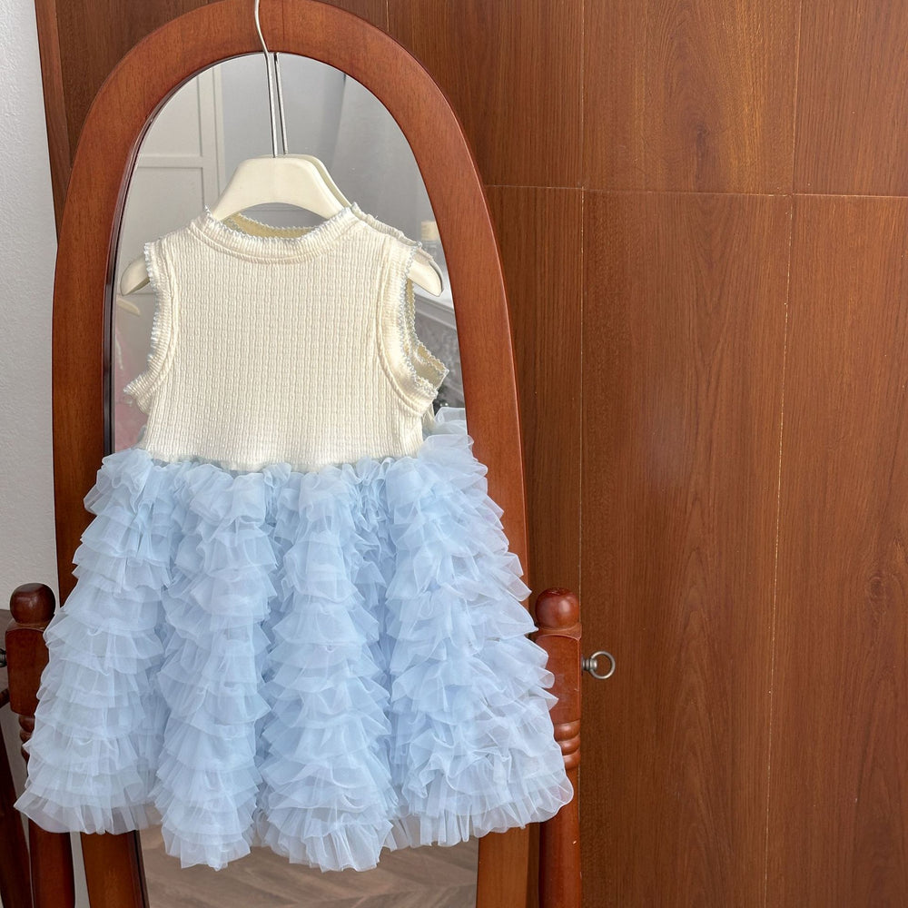 Girls' chanel-inspired dress,  summer sweet tiered dress, kids' mesh sweet tank dress, puffy skirt trend