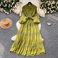 French retro court style lace hollow-out maxi dress - stand collar, summer korean style, long sleeve, cinched waist a-line dress for women