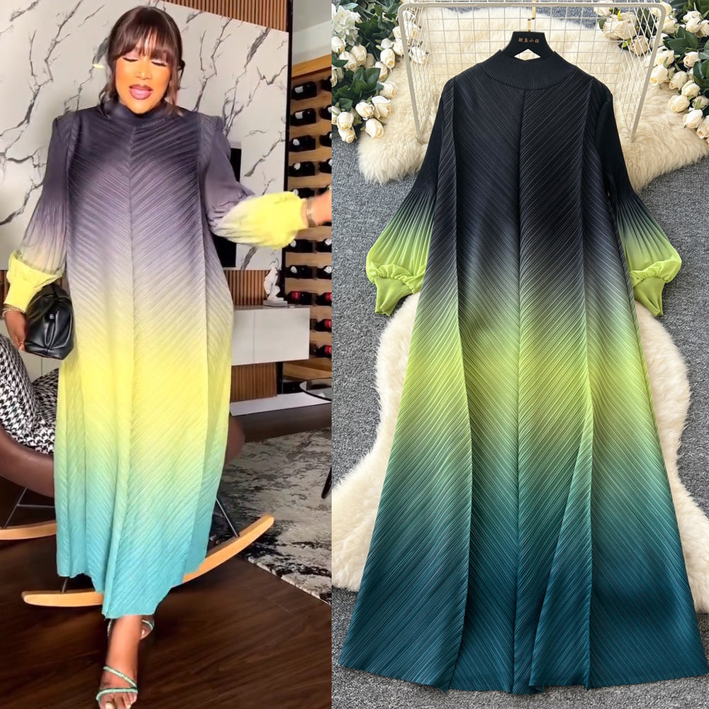 fashion gradient lantern sleeve pleated dress - women's spring/autumn loose a-line maxi dress