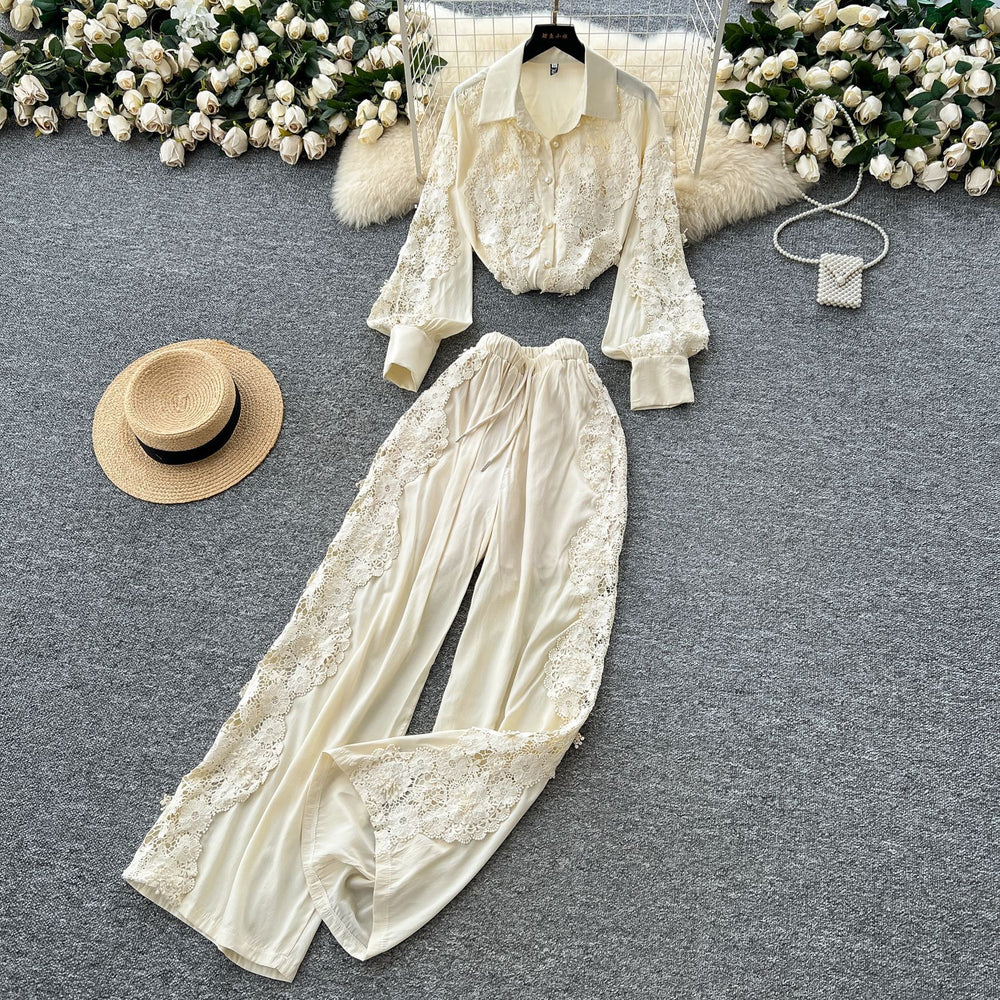 French chic heavy lace trim long sleeve shirt & elastic high waist wide leg pants two-piece set for women