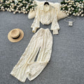 French chic heavy lace trim long sleeve shirt & elastic high waist wide leg pants two-piece set for women