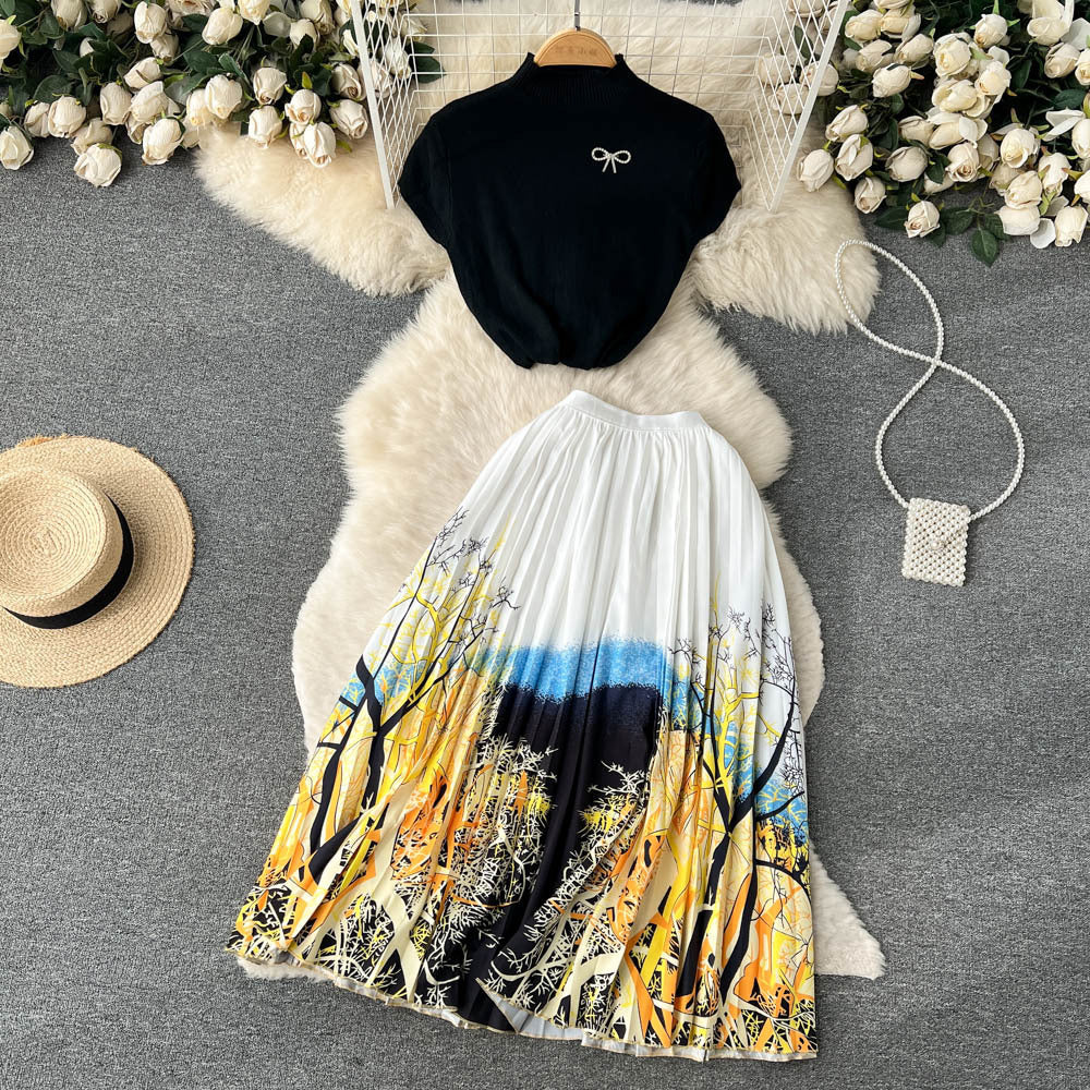 Vintage chic women's summer set: high-end design sleeveless blouse top + pleated maxi skirt two-piece outfit