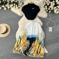 Vintage chic women's summer set: high-end design sleeveless blouse top + pleated maxi skirt two-piece outfit