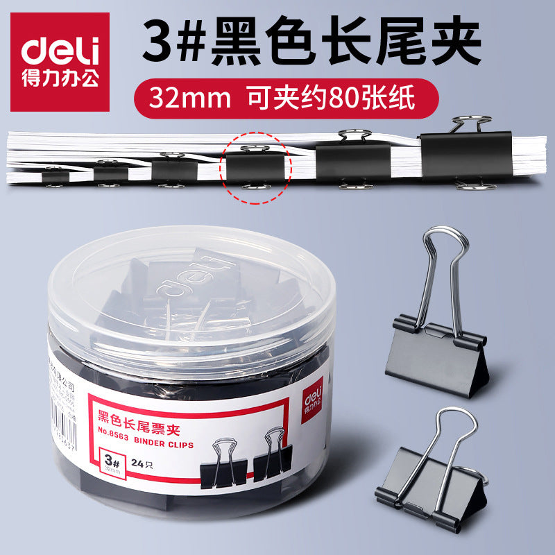 Deli Stationery 8563 Long Tail Ticket Clip Iron Clip Swallow Tail Clip Ticket Clip 32mm Black Fish Tail Clip 24 pcs