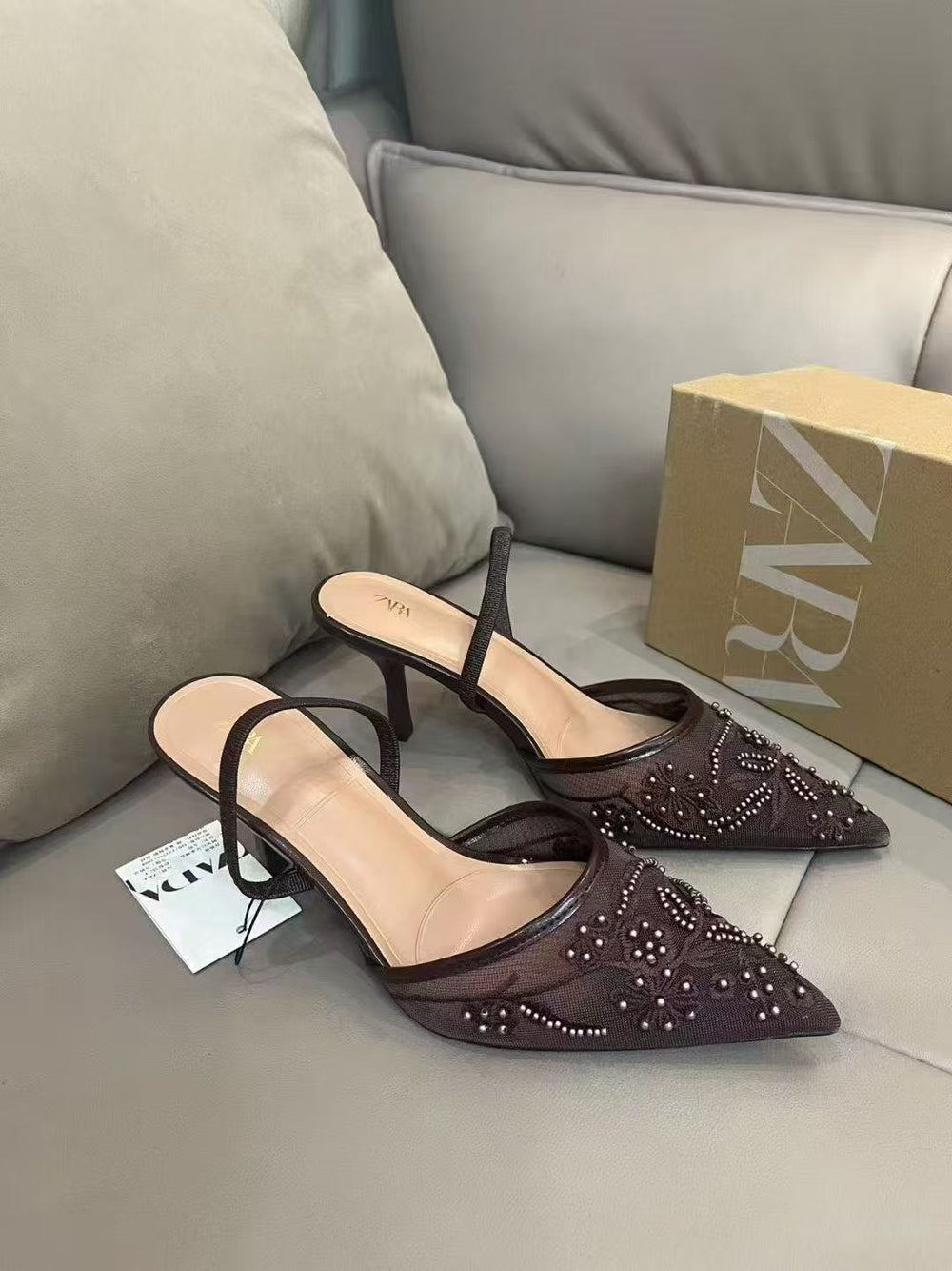 Zar 2024 autumn new arrivals: pointed-toe, closed-toe, open-back, solid color embroidered mesh stiletto mules