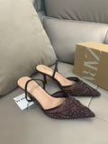 Zar 2024 autumn new arrivals: pointed-toe, closed-toe, open-back, solid color embroidered mesh stiletto mules