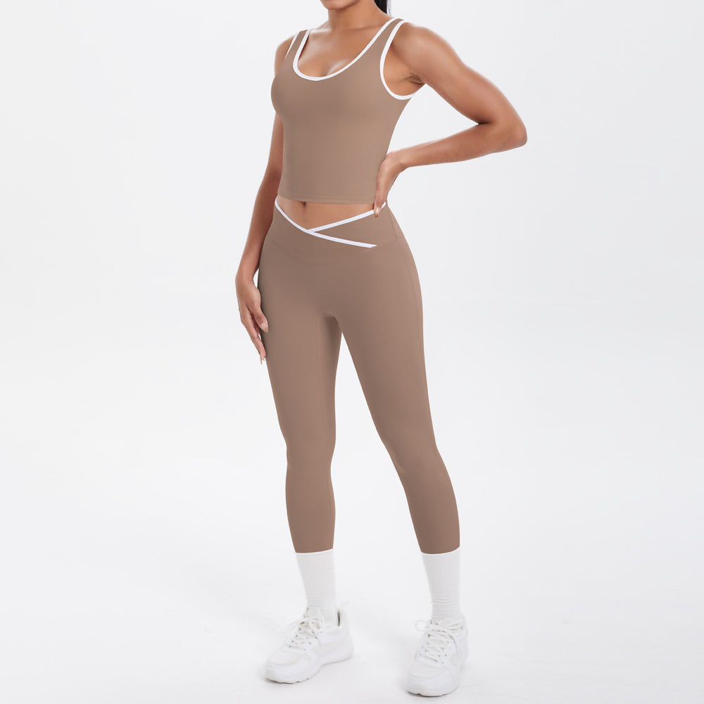 popular double-sided brushed contrast color tight breathable cross yoga suit sports running fitness two-piece set