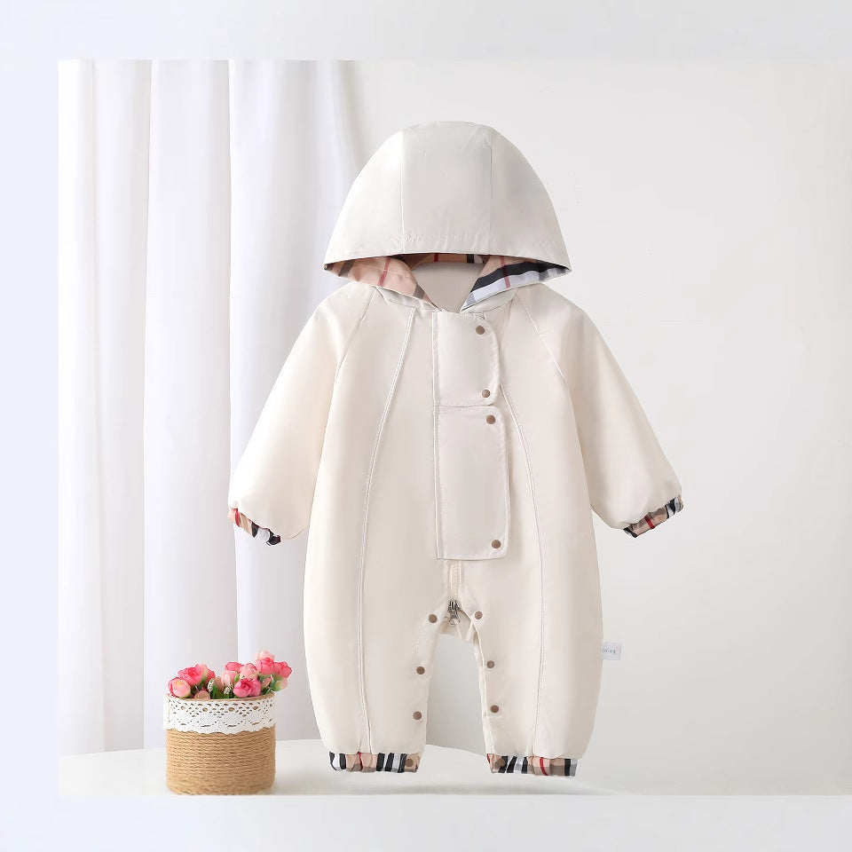 Spring & fall baby grids pattern khaki baby onesie clothes hooded jacket outing jacket outwear k-style crawling suit