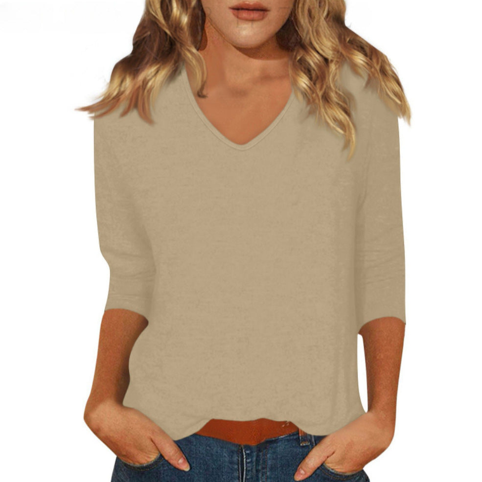 cross-border  women's everyday versatile casual v-neck solid color three-quarter sleeve t-shirt top