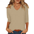 cross-border  women's everyday versatile casual v-neck solid color three-quarter sleeve t-shirt top