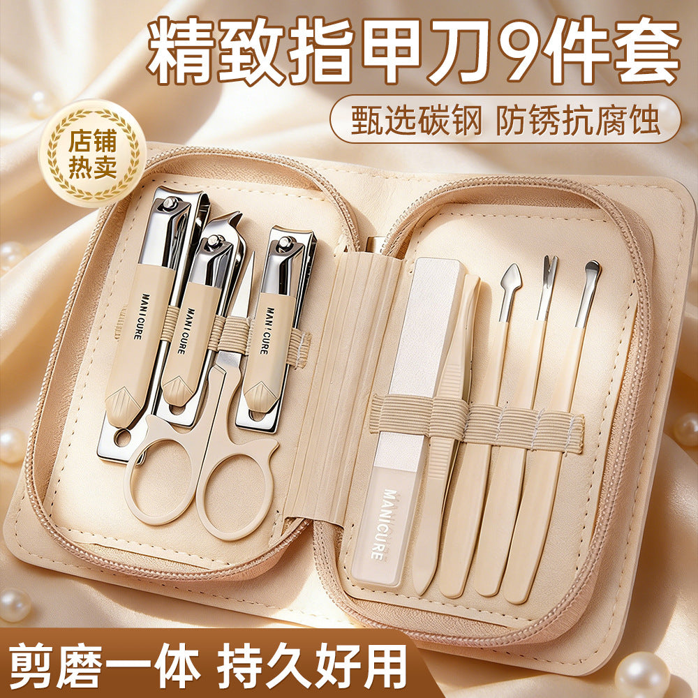 Stainless steel manicure & pedicure tool set - 9 piece kit: includes nail clippers, eyebrow scissors, earwax removal tool, and nail file - wholesale