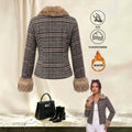 fashion cross-border grids pattern fur collar short outwearretrogrids pattern imitation fur collar cuffs single-breasted silmoutwear
