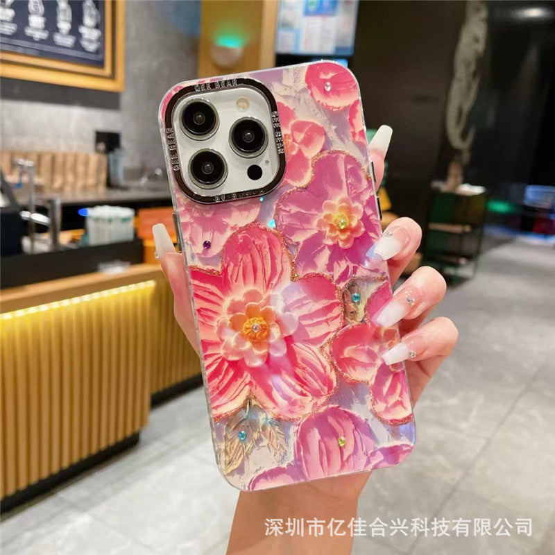 Rainbow floral oil painting iphone 17 pro max diamond glitter phone case, luxury shockproof protective cover for iphone 16 & 15, compatible with iphone 13