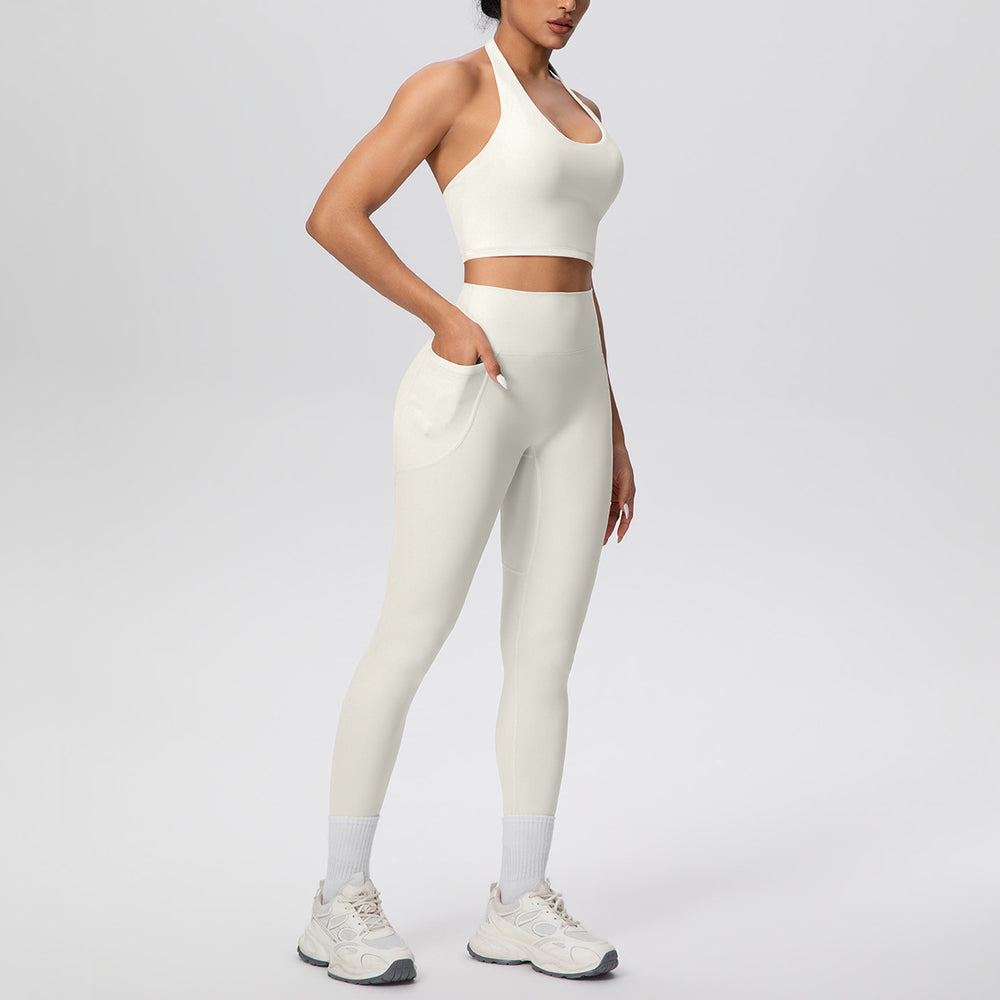New halter neck backless high-waisted butt-lifting pocket pants activewear set - cloud-like comfort for casual outdoor running, fitness, and yoga