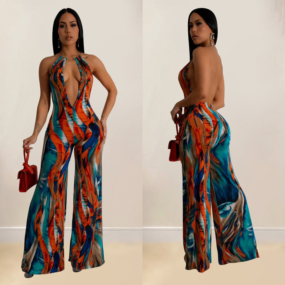 C6930 cross-border   fashion women's printed sleeveless deep v color block backless long jumpsuit