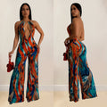C6930 cross-border   fashion women's printed sleeveless deep v color block backless long jumpsuit