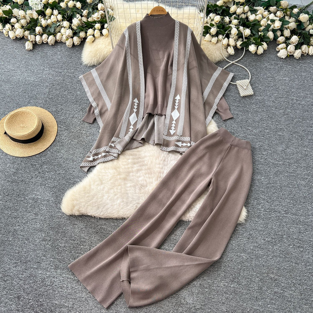 Lazy style sweatersuit women's autumcasualeasiest for match high collar knittingtopsloose outer shawl high waistpants