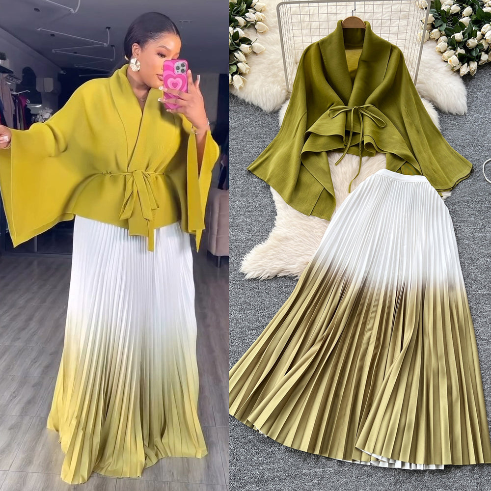 Miya pleated butterfly sleeve gradient tie back shawl short outweartops+gradient pleated skirt two-piece set